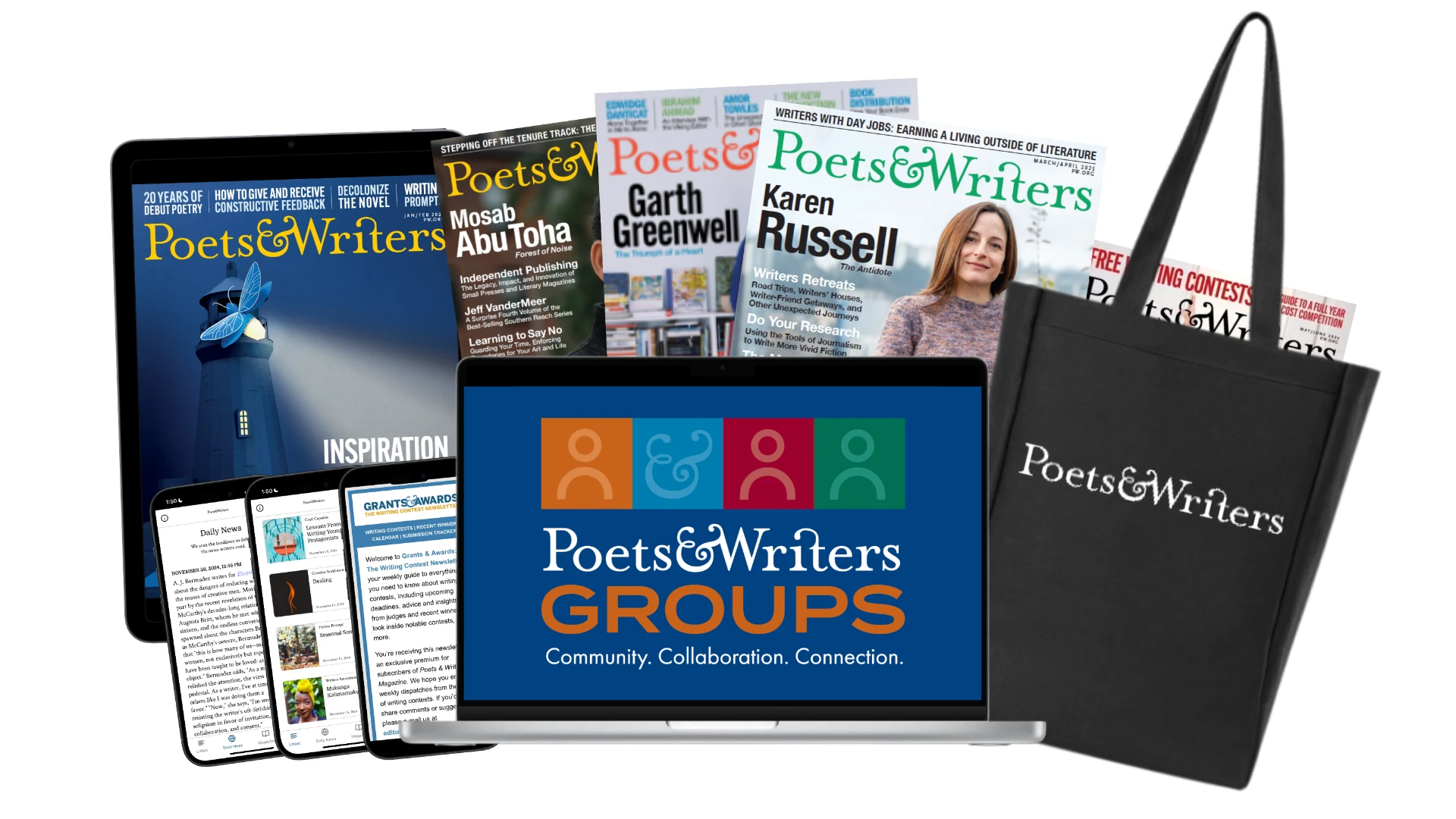 Poets & Writers membership benefits shown across a laptop, tablet, phones, magazines, and a tote bag